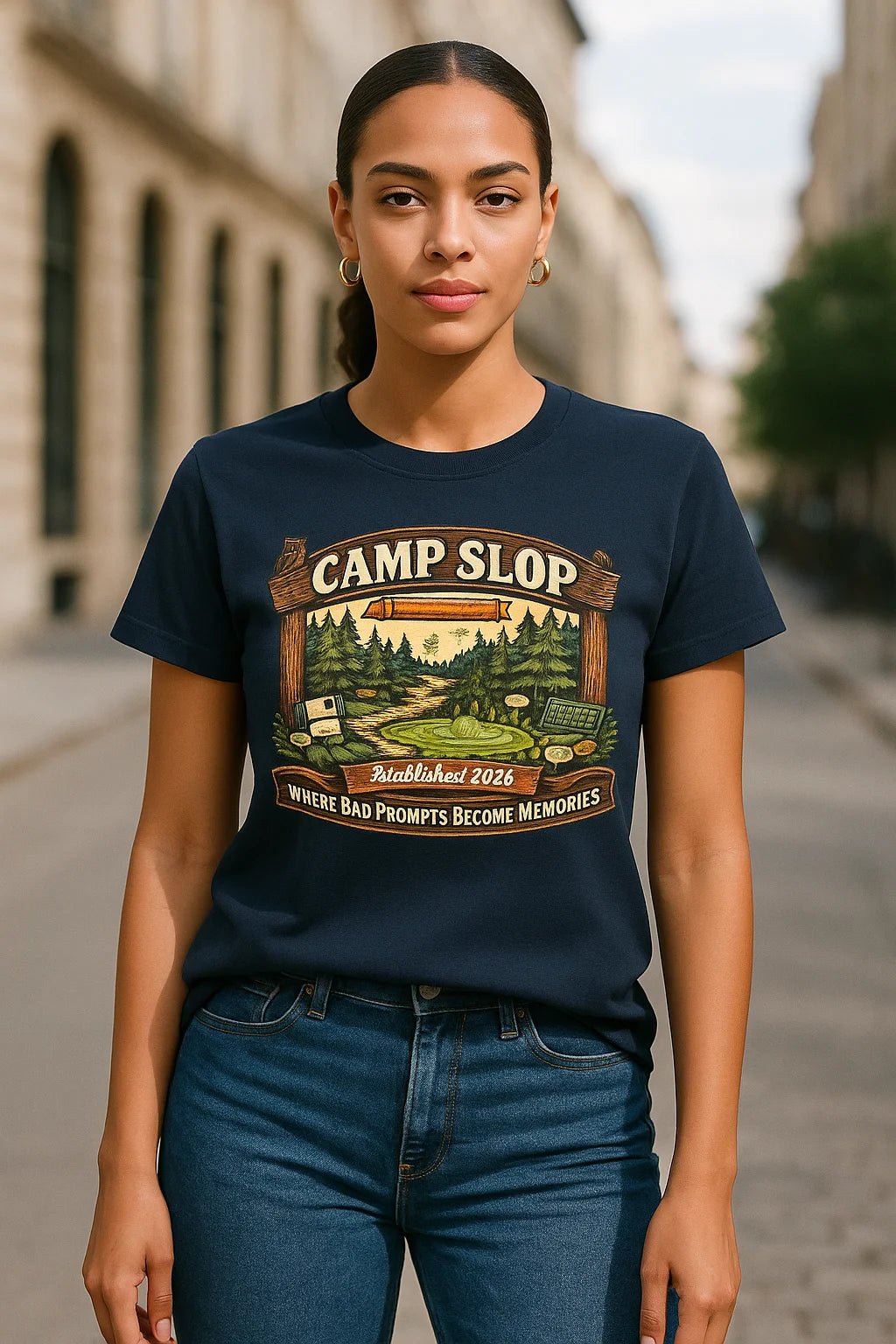 Camp Slop graphic T-shirt featuring playful AI-themed humor, shown as a soft black unisex tee for prompt engineers, doomscrollers, and AI enthusiasts.