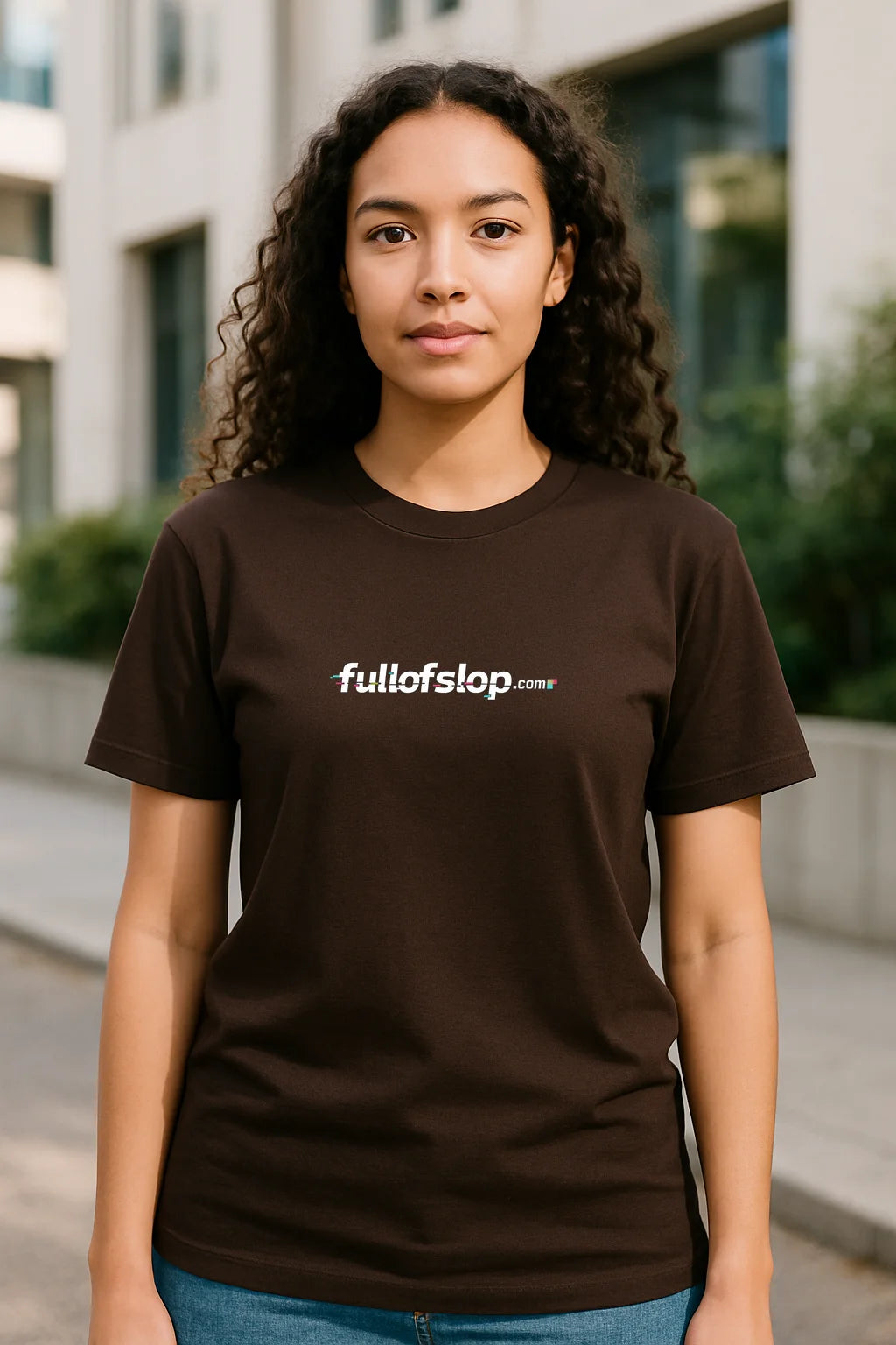 Black FullofSlop.com t-shirt featuring AI slop-themed branding, shown as a casual unisex shirt for people who enjoy prompting, internet culture, and AI-generated humor.