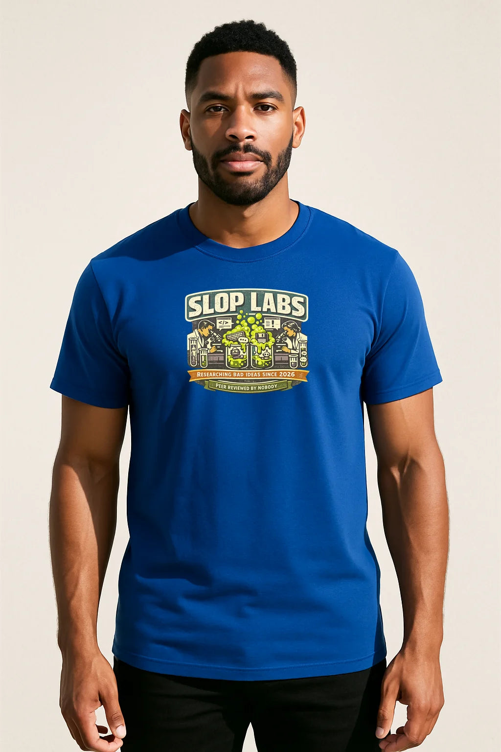 Black Slop Labs graphic T-shirt featuring AI slop humor branding, displayed as a premium unisex casual shirt for AI enthusiasts and professional sloppers.