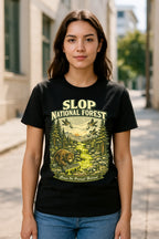 Slop National Forest graphic t-shirt featuring a playful AI-generated humor design on a soft, classic-fit unisex tee.