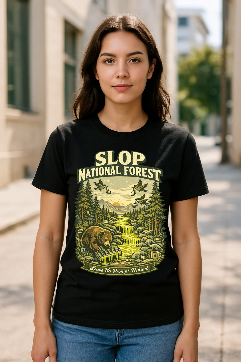Slop National Forest graphic t-shirt featuring a playful AI-generated humor design on a soft, classic-fit unisex tee.