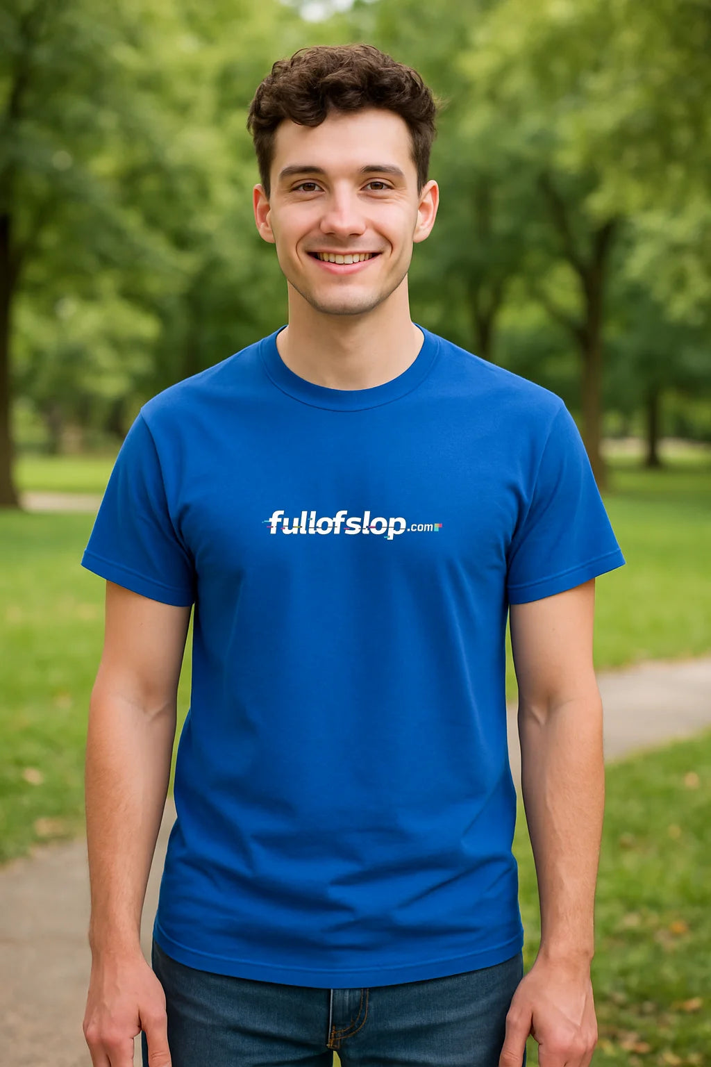 FullofSlop.com unisex T-shirt featuring an AI slop humor design, displayed as a comfortable casual apparel product for prompting and doomscrolling.