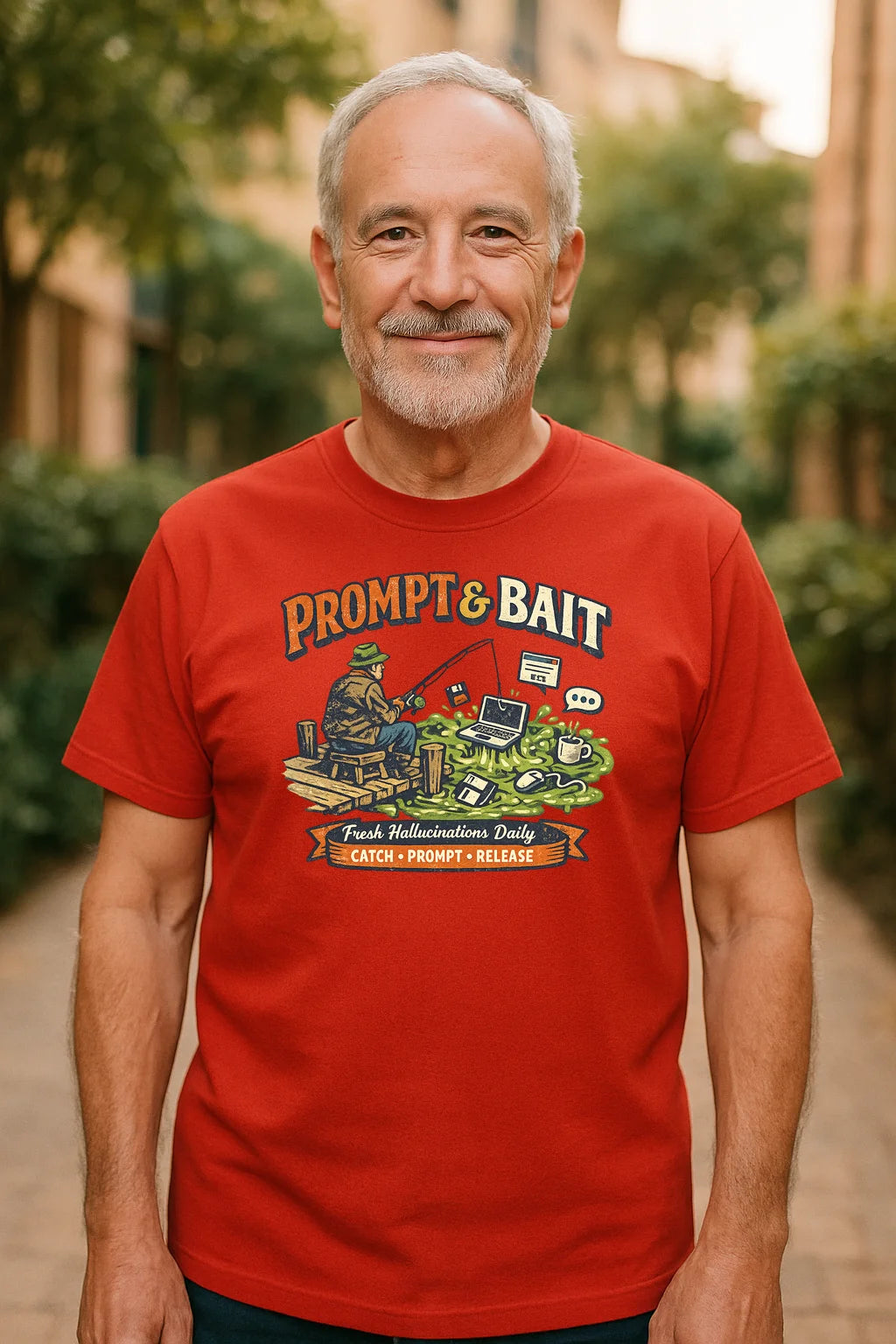 Black Prompt & Bait graphic T-shirt featuring playful AI slop humor, displayed as a casual unisex tee for prompt engineers and doomscrollers.