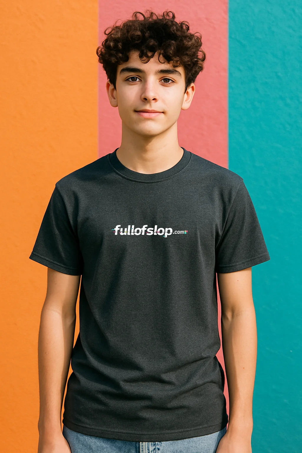 Black FullofSlop.com t-shirt featuring AI slop branding, styled as a comfortable unisex graphic tee for AI enthusiasts and professional prompt engineers.
