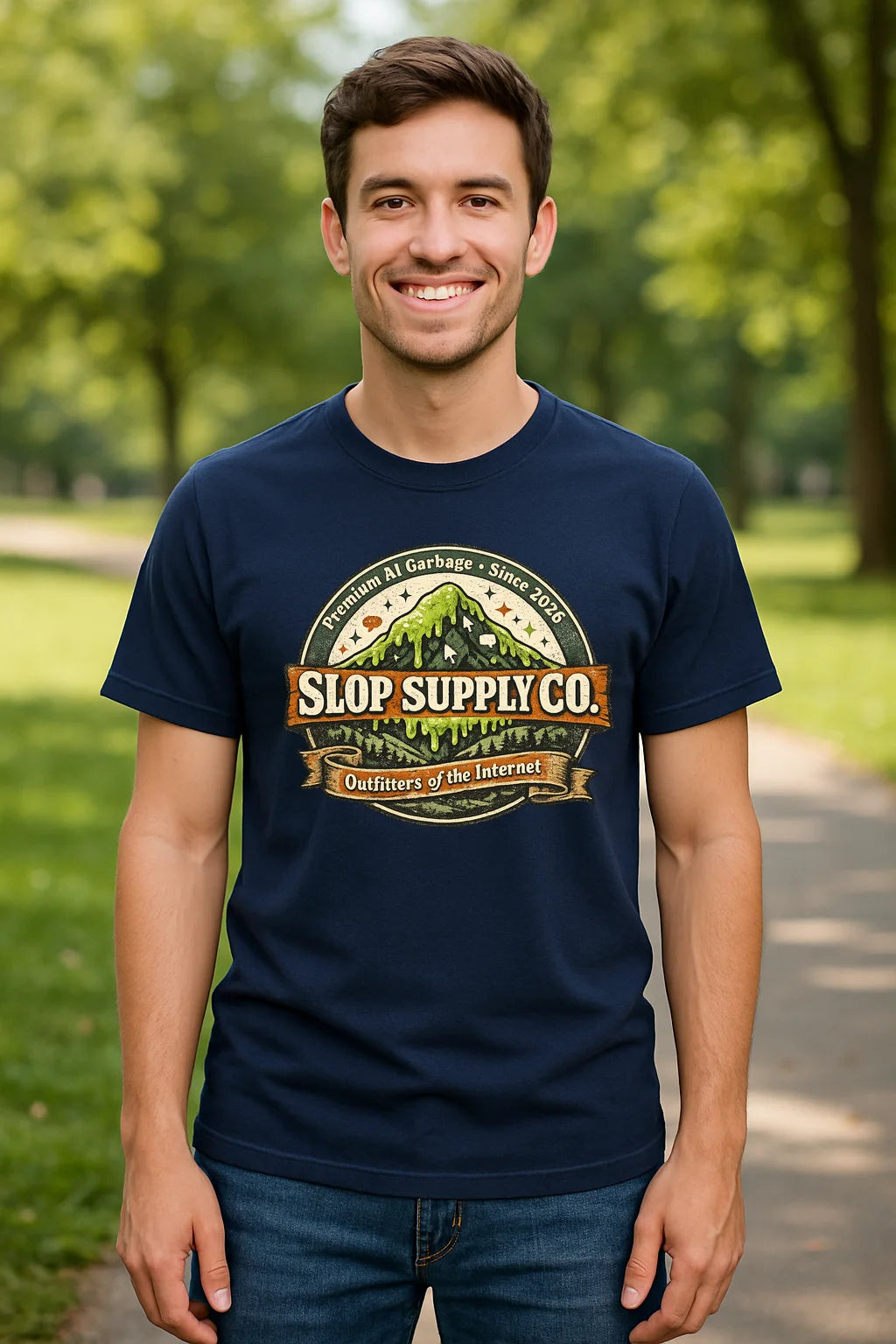 Slop Supply Company graphic T-shirt featuring AI-inspired humor, shown as a soft black or dark unisex tee for prompt engineers, doomscrollers, and AI fans.