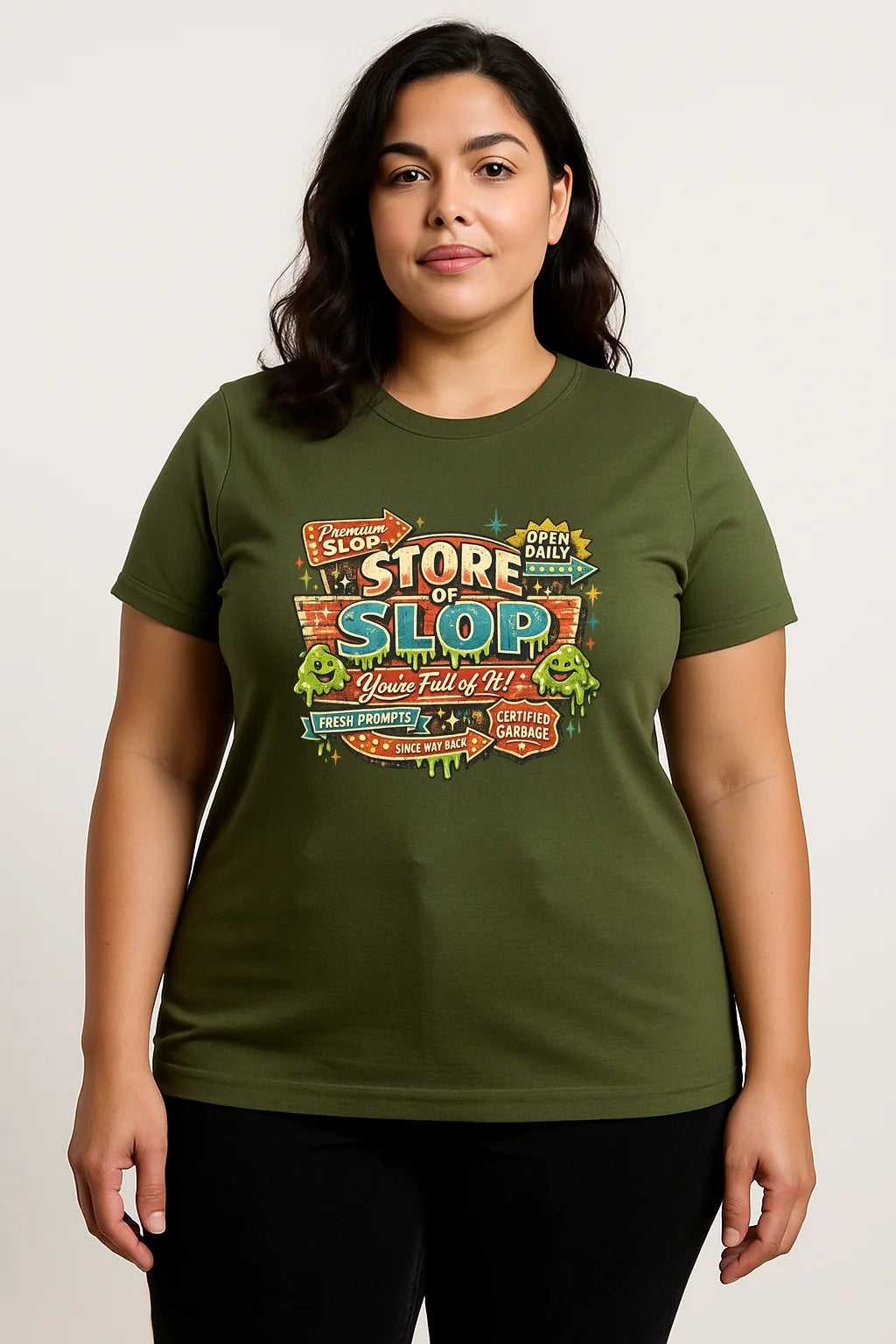 Store of Slop graphic T-shirt featuring an AI-themed humorous design on a soft black unisex cotton tee.