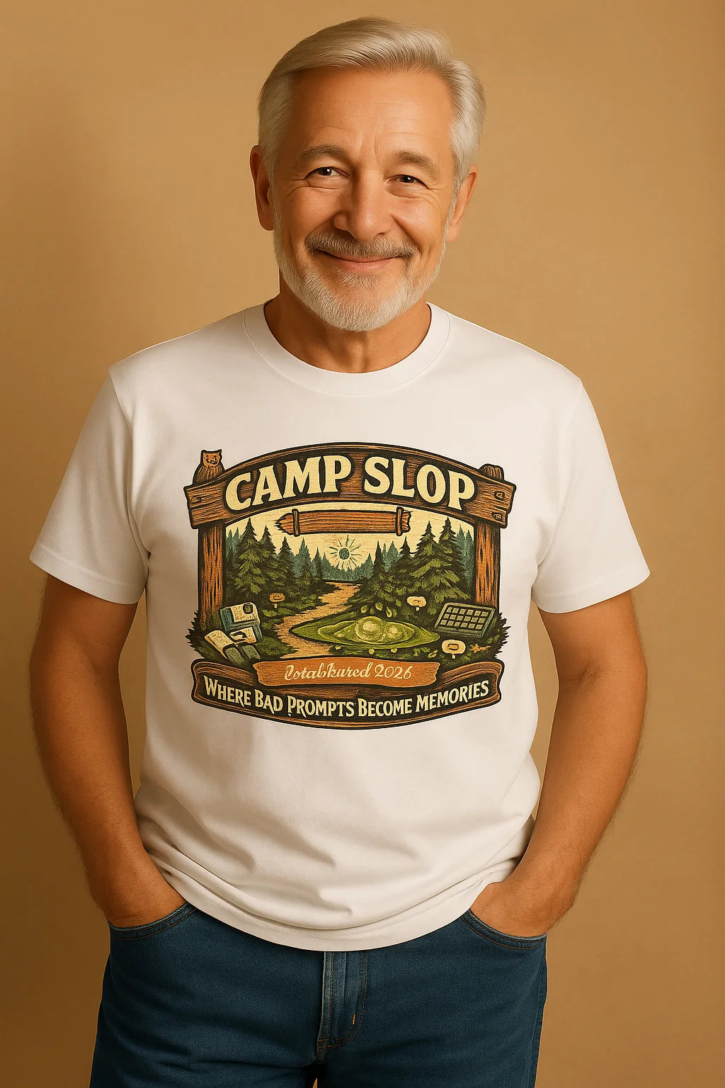 Camp Slop graphic T-shirt featuring playful AI slop humor, shown as a comfortable unisex cotton tee for prompting, doomscrolling, and casual everyday wear.
