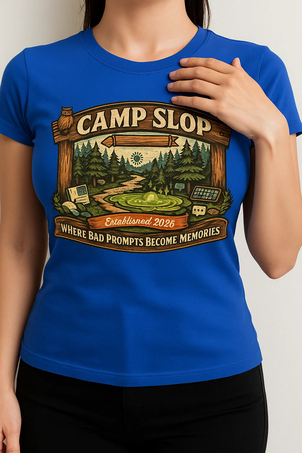 Camp Slop graphic T-shirt featuring playful AI-themed humor, shown as a soft unisex cotton tee for prompting, doomscrolling, and casual everyday wear.