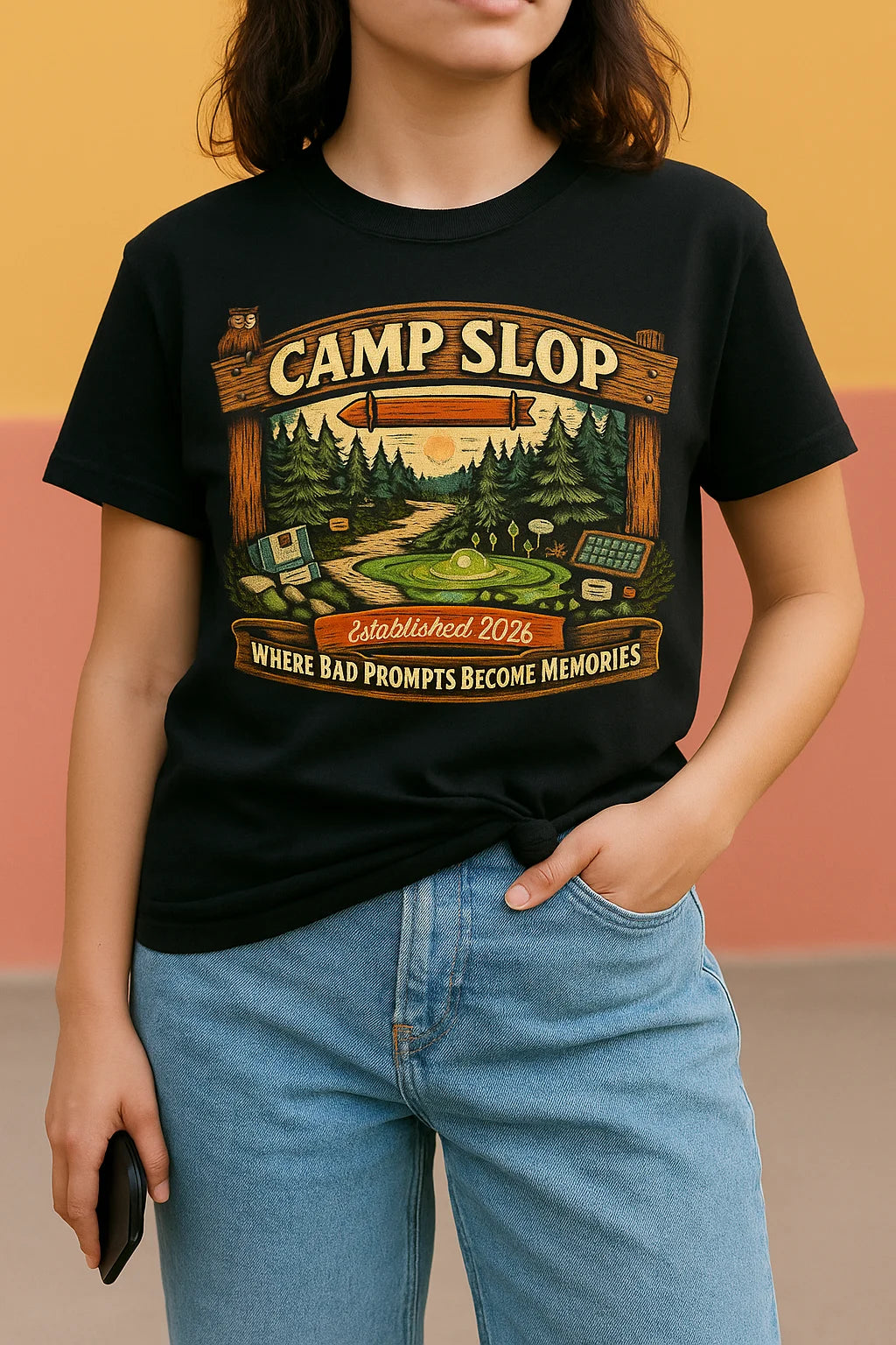 Camp Slop graphic T-shirt featuring playful AI-inspired humor, shown as a soft black unisex tee for prompting, doomscrolling, and casual everyday wear.