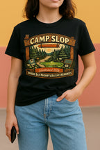 Camp Slop graphic T-shirt featuring playful AI-inspired humor, shown as a soft black unisex tee for prompting, doomscrolling, and casual everyday wear.