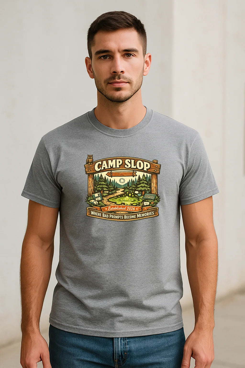 Camp Slop graphic T-shirt featuring playful AI slop humor, shown as a casual unisex tee for prompting, doomscrolling, and relaxing.