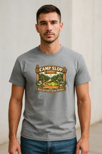 Camp Slop graphic T-shirt featuring playful AI slop humor, shown as a casual unisex tee for prompting, doomscrolling, and relaxing.
