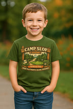 Camp Slop graphic T-shirt featuring playful AI slop humor, shown as a soft, breathable unisex tee for prompt sessions and casual everyday wear.