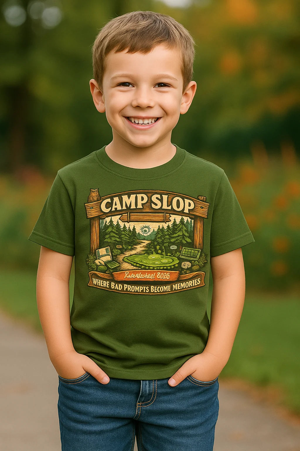 Camp Slop graphic T-shirt featuring playful AI slop humor, shown as a soft, breathable unisex tee for prompt sessions and casual everyday wear.