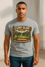 Camp Slop graphic T-shirt featuring playful AI-generated humor for prompt enthusiasts, doomscrollers, and professional sloppers.
