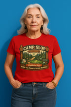 Camp Slop graphic T-shirt featuring playful AI slop branding, shown as a soft black or dark-colored unisex tee for AI enthusiasts and professional sloppers.