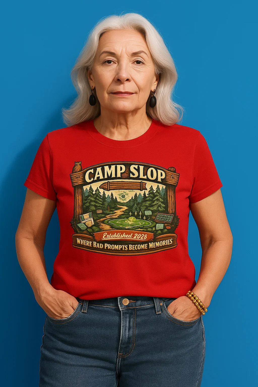 Camp Slop graphic T-shirt featuring playful AI slop branding, shown as a soft black or dark-colored unisex tee for AI enthusiasts and professional sloppers.