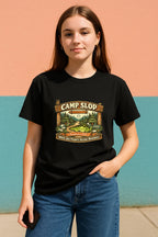 Camp Slop graphic T-shirt featuring AI-inspired humor, shown as a casual unisex tee for prompting, doomscrolling, and touching grass.