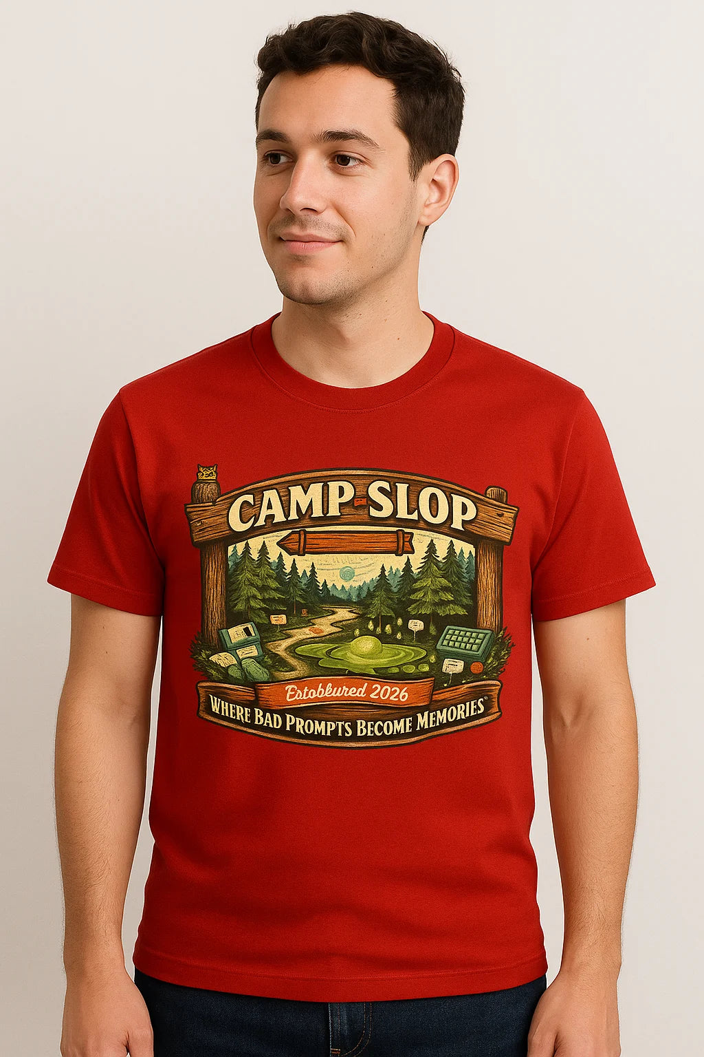 Camp Slop graphic T-shirt featuring playful AI-themed humor, shown as a soft unisex apparel option for prompt enthusiasts and professional sloppers.