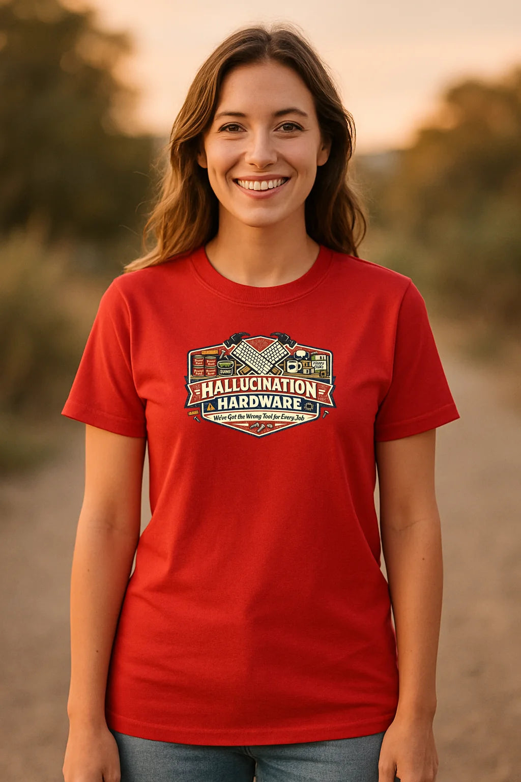 Hallucination Hardware graphic T-shirt featuring an AI-themed design on a soft black unisex tee, styled as humorous apparel for prompt sessions and AI enthusiasts.