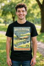 Hallucinations Airlines graphic T-shirt featuring a humorous AI-generated culture theme, shown as a soft unisex tee for prompt sessions and casual everyday wear.