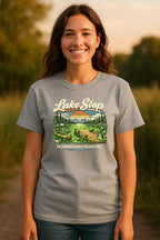 Lake Slop graphic t-shirt featuring an AI slop-themed design, shown as a soft unisex tee for prompt engineers and fans of internet humor.
