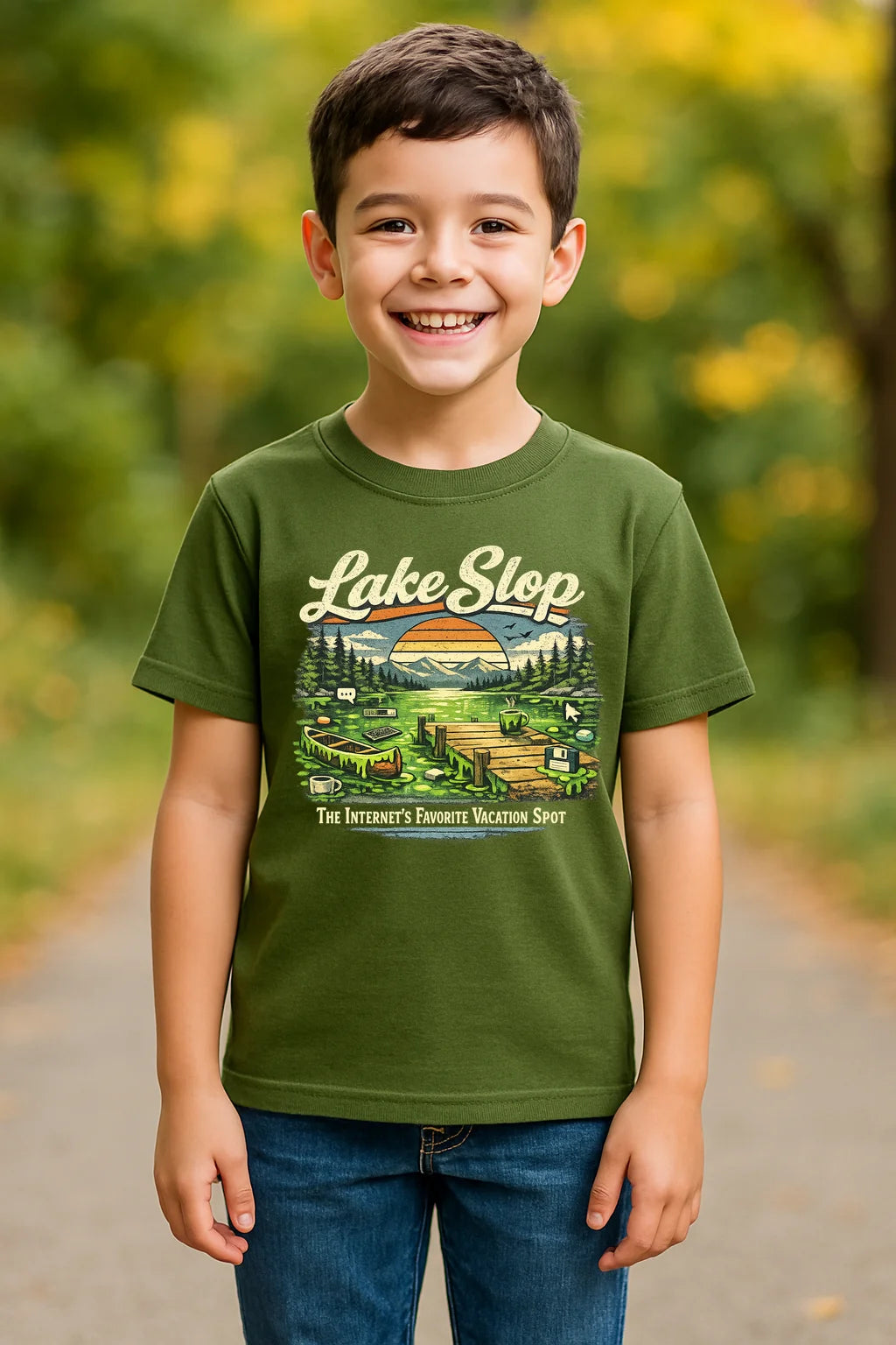 Lake Slop graphic T-shirt featuring humorous AI slop-themed design, displayed as a casual unisex tee for tech and internet humor fans.