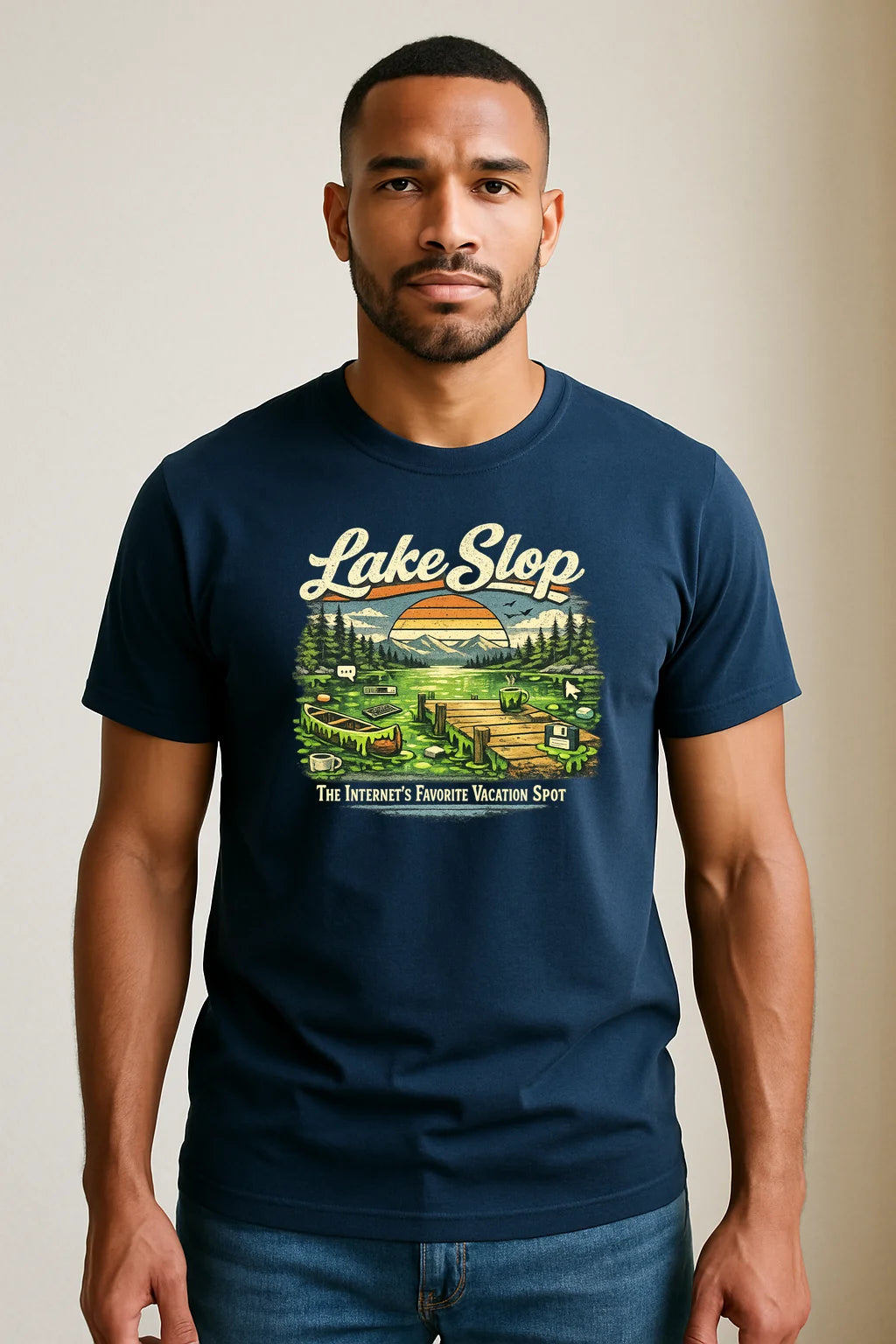 Lake Slop graphic T-shirt featuring humorous AI slop-inspired branding, shown as a soft unisex tee for prompting, doomscrolling, and casual everyday wear.