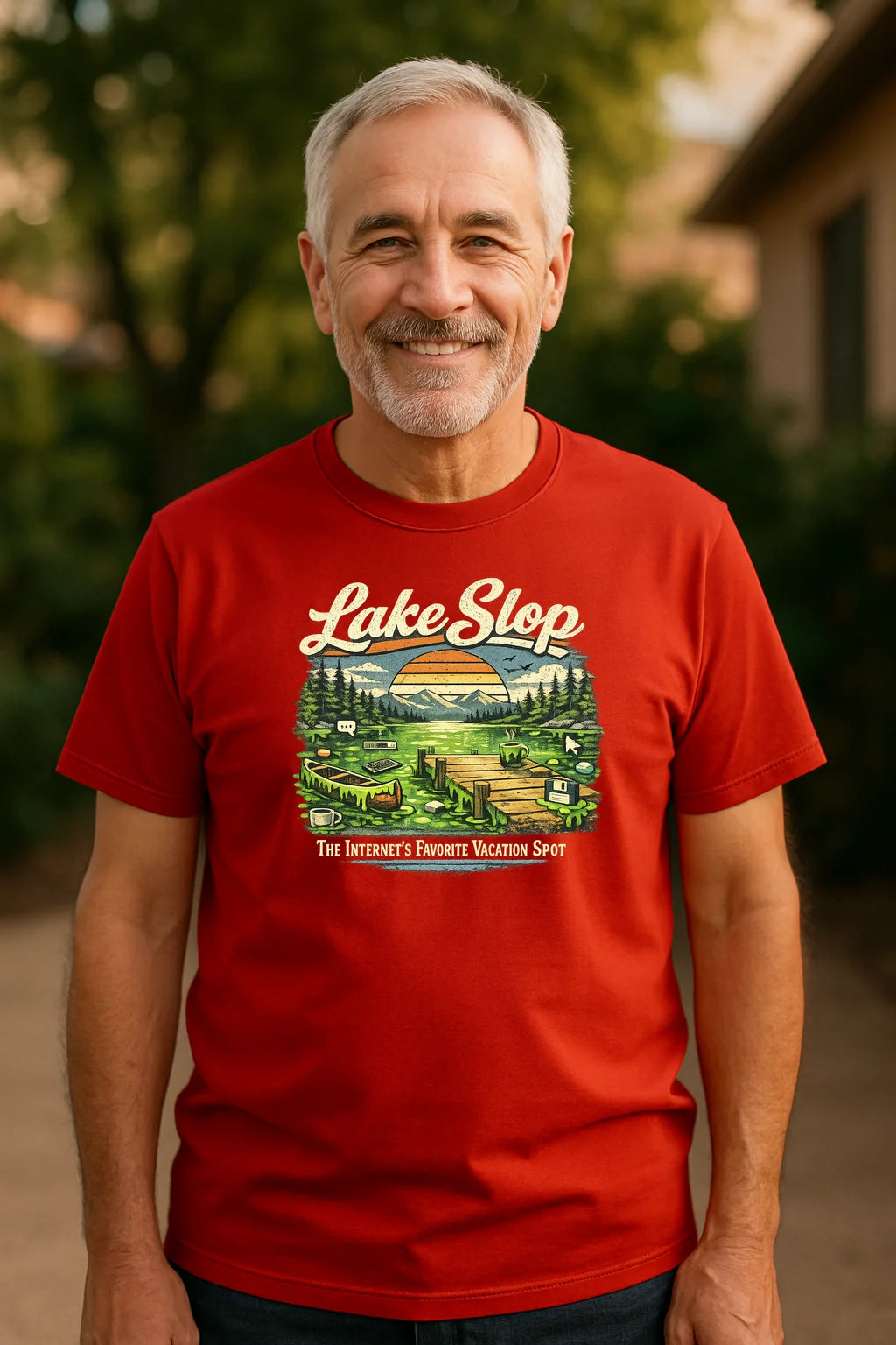 Lake Slop graphic T-shirt featuring humorous AI slop-themed artwork, shown as a soft unisex tee for fans of prompting, doomscrolling, and internet culture.