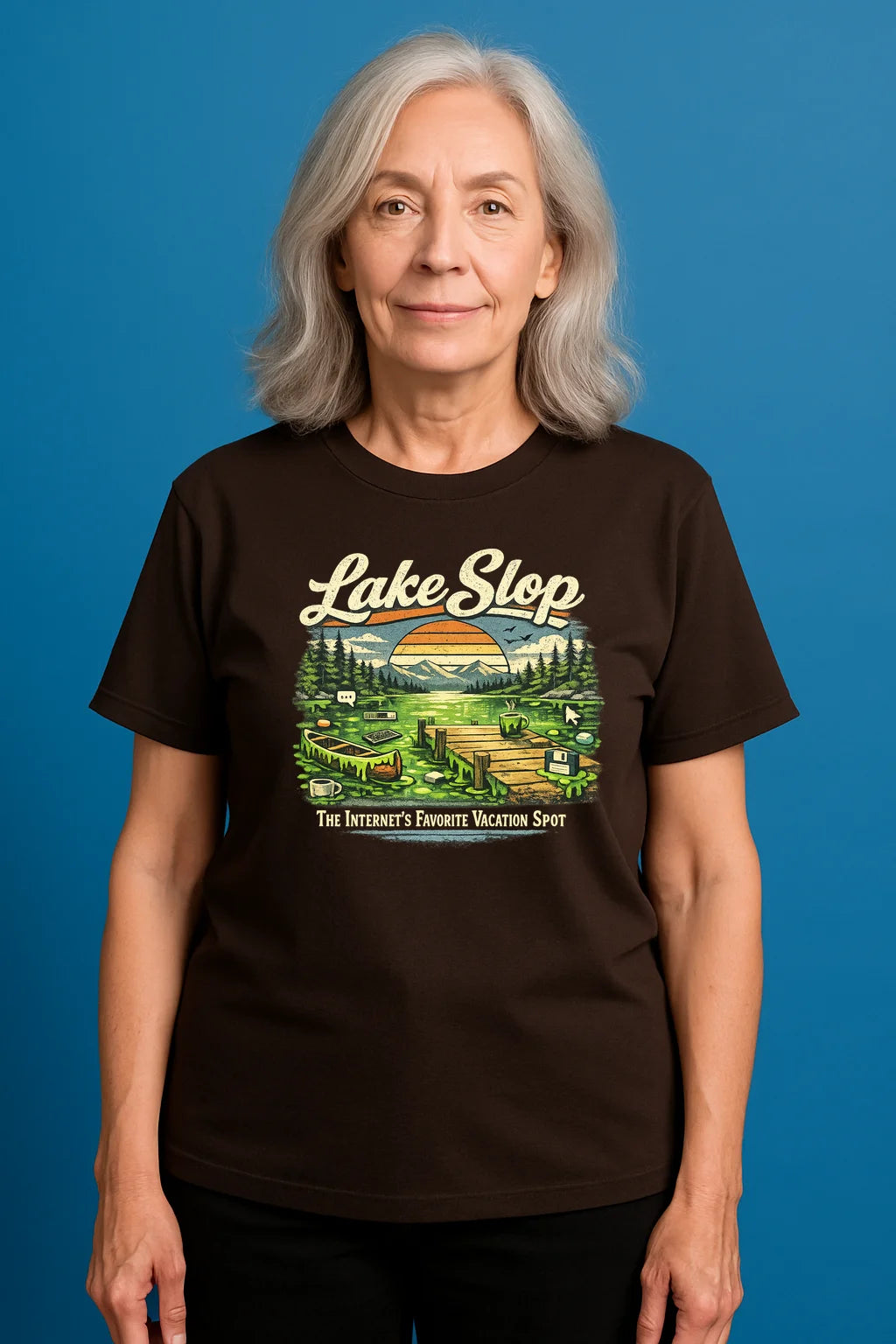 Lake Slop graphic T-shirt featuring playful AI-generated humor for professional sloppers, shown as a soft unisex cotton tee.
