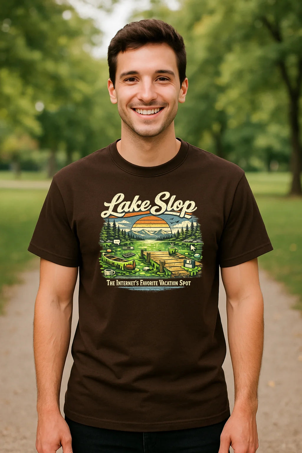 Lake Slop graphic T-shirt featuring playful AI-generated humor wording, shown as a casual unisex tee for prompt sessions and doomscrolling.