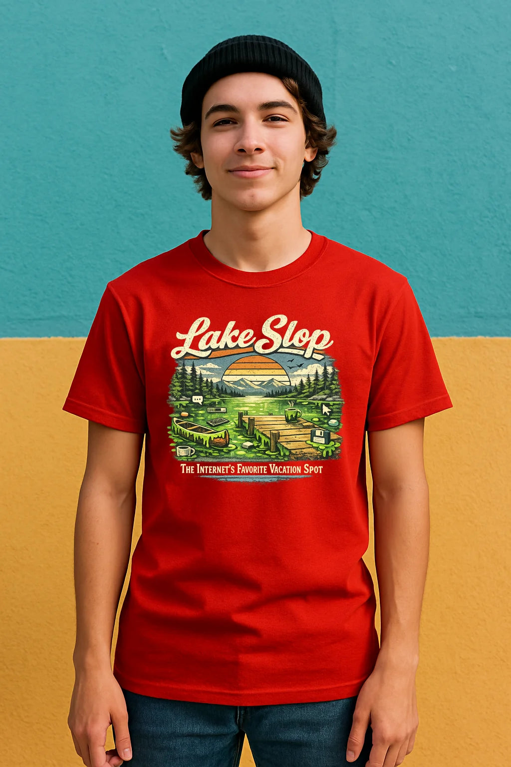 Lake Slop graphic t-shirt featuring AI-inspired humor for professional sloppers, shown as a soft unisex cotton tee.