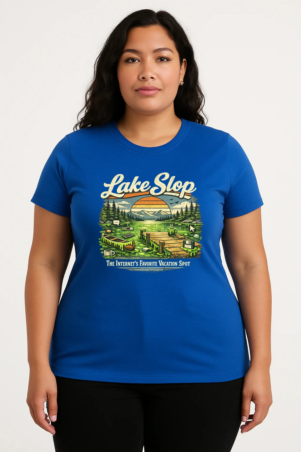 Lake Slop graphic T-shirt featuring an AI-inspired humor design, shown as a soft casual unisex tee for prompting and tech enthusiasts.