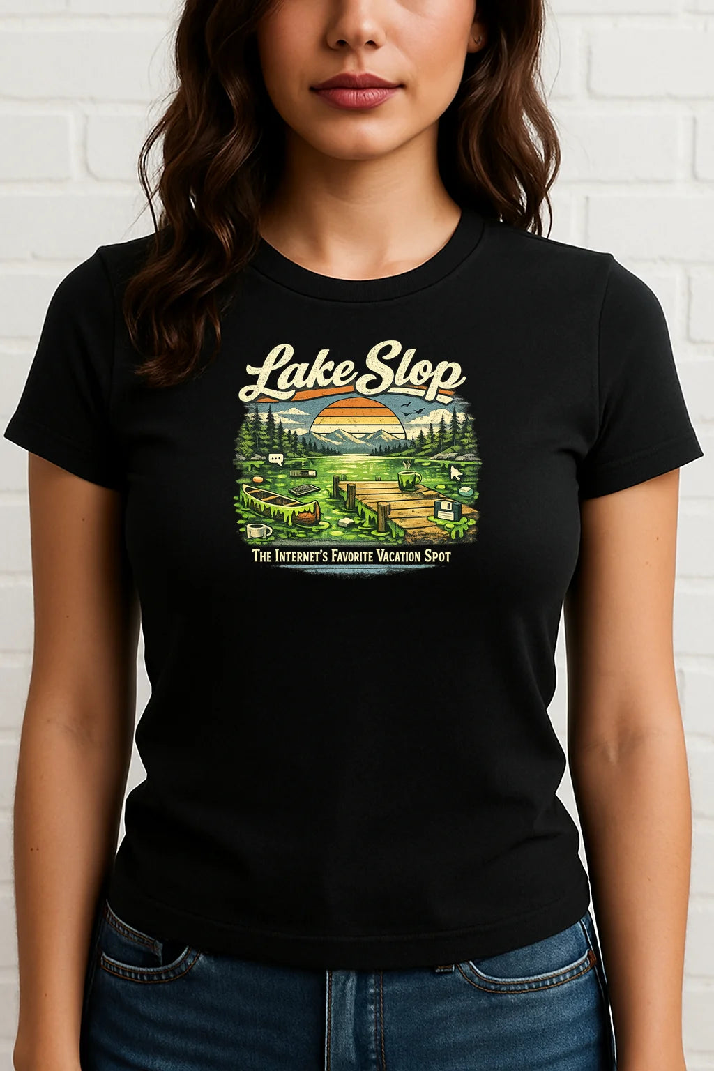 Lake Slop graphic T-shirt featuring an AI-inspired humorous design on a soft, casual unisex tee.