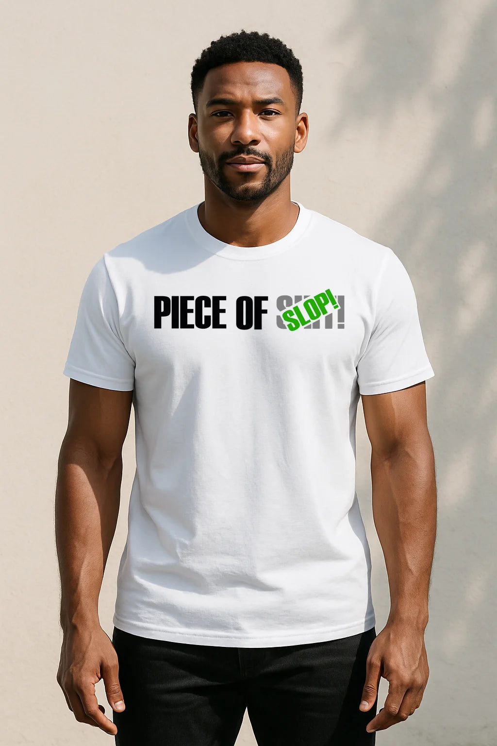 Piece of Slop adult graphic t-shirt featuring a humorous AI slop-inspired design, shown as a product showcase.