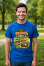 The Prompt Motel graphic t-shirt featuring playful AI-generated humor for prompt enthusiasts and professional sloppers.