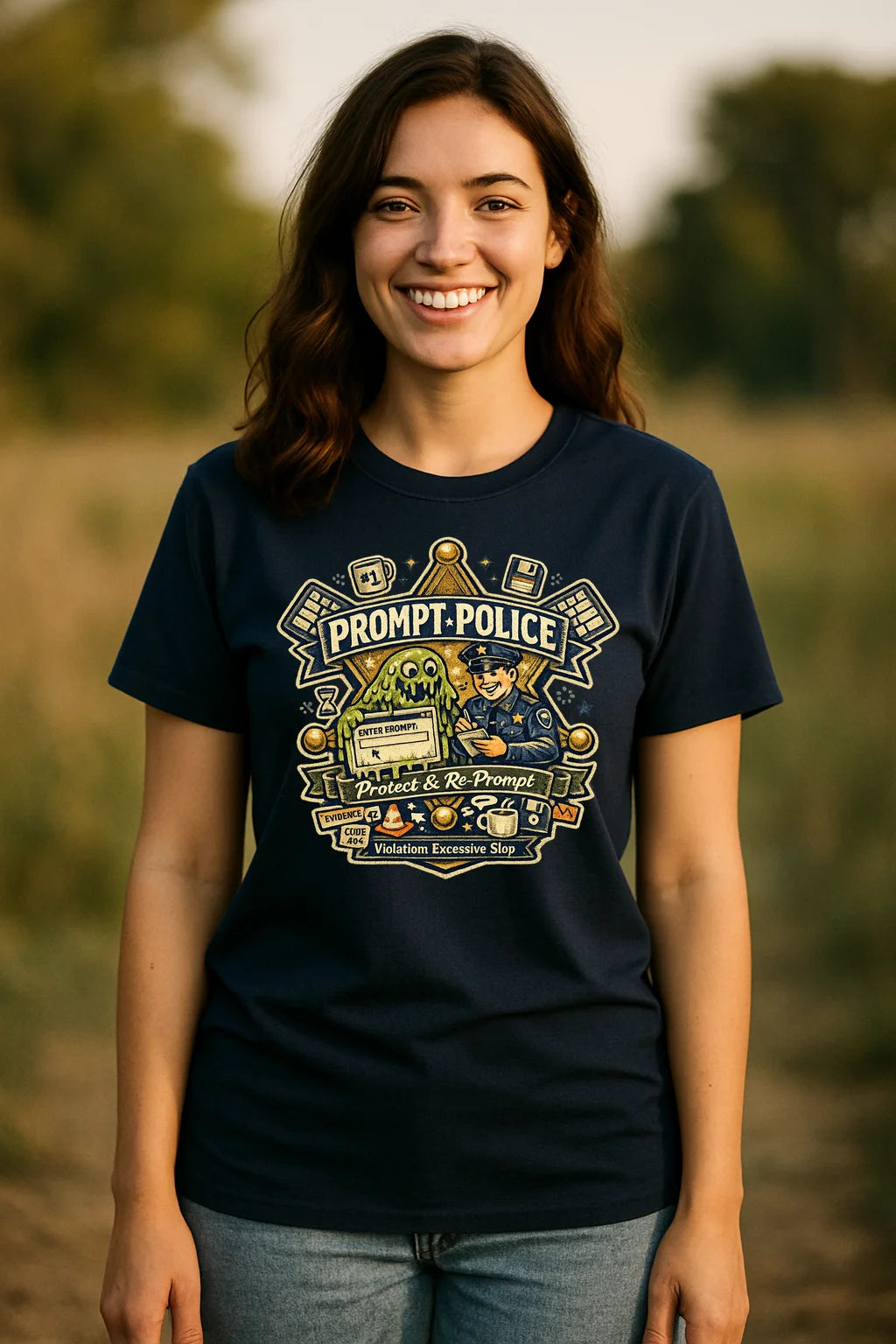 Prompt Police graphic T-shirt featuring an AI-themed joke design on a soft, classic-fit unisex shirt.