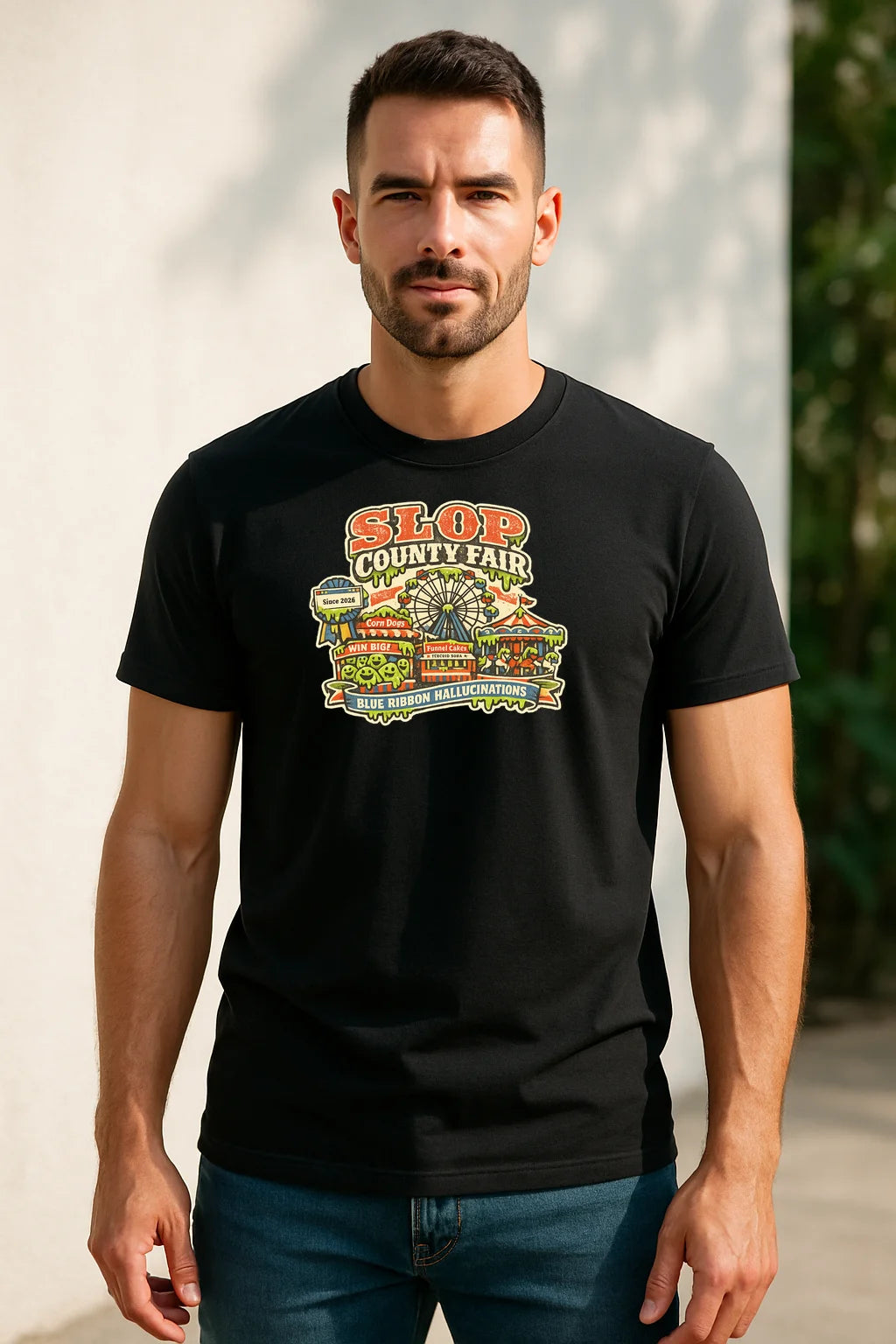 Slop County Fair graphic t-shirt featuring playful AI-generated humor artwork on a soft unisex cotton tee.