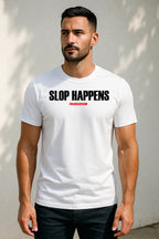 Flat lay of a Slop Happens graphic T-shirt featuring a humorous slogan design for adults who enjoy AI and internet culture humor.