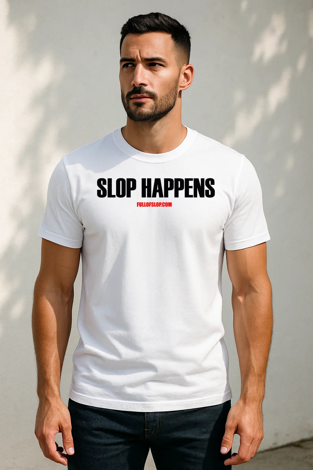 Flat lay of a Slop Happens graphic T-shirt featuring a humorous slogan design for adults who enjoy AI and internet culture humor.