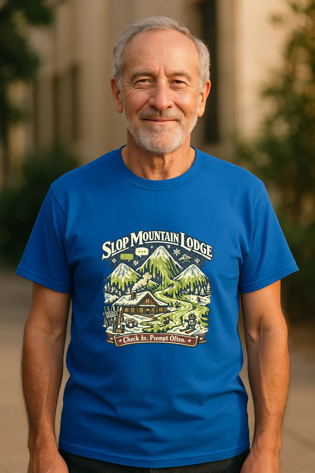 Slop Mountain Lodge graphic T-shirt featuring a playful AI slop design on a soft, classic unisex tee.