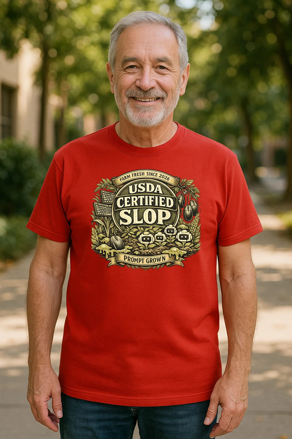 USDA Certified Slop graphic T-shirt featuring a playful AI-generated humor design on a classic unisex cotton tee.
