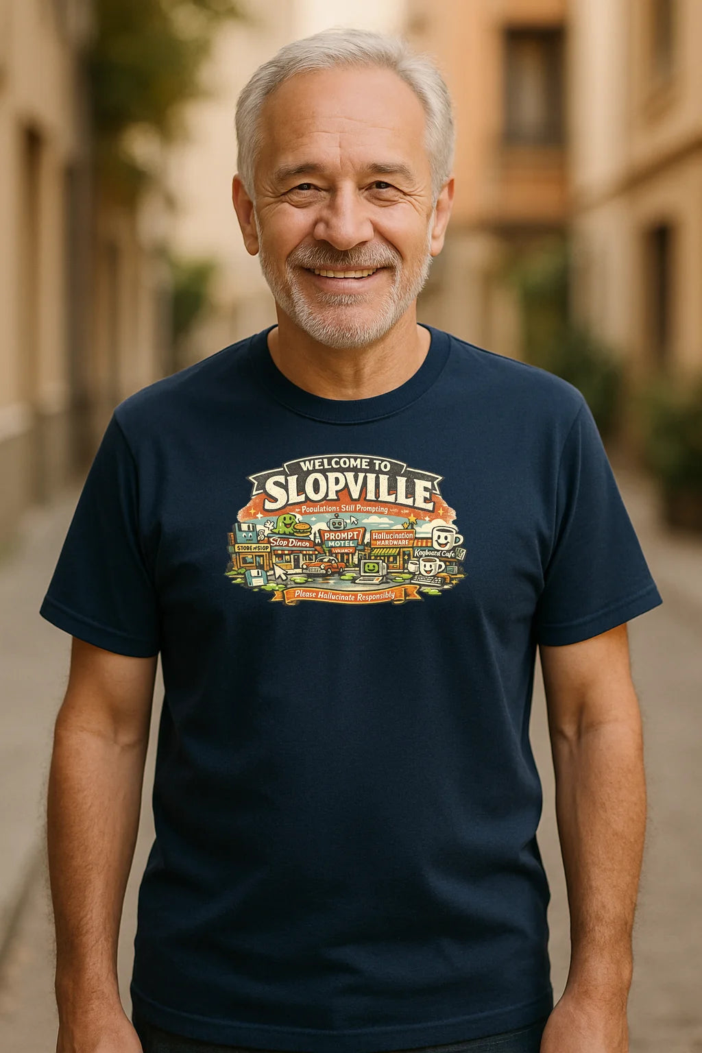 Black Welcome to Slopville graphic T-shirt featuring playful AI slop-themed lettering, styled as a soft unisex casual tee.